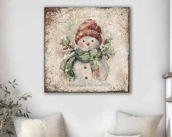 Arte de parede em tela de boneco de neve vintage: decoração de inverno em casa de fazenda