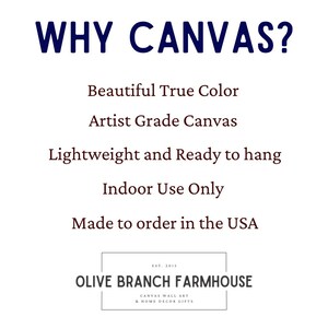 Może przedstawiać: WHY CANVAS? tekst pogrubiony z listą powod&oacute;w, dla kt&oacute;rych pł&oacute;tno jest dobrym wyborem dla dzieł sztuki: Beautiful True Color, Artist Grade Canvas, Lekkie i gotowe do powieszenia, Tylko do użytku wewnętrznego, Wykonane na zam&oacute;wienie w USA. Tekst jest biały na ciemnym tle. Pod listą znajduje się logo Olive Branch Farmhouse, Canvas Wall Art & Home Decor Gifts.
