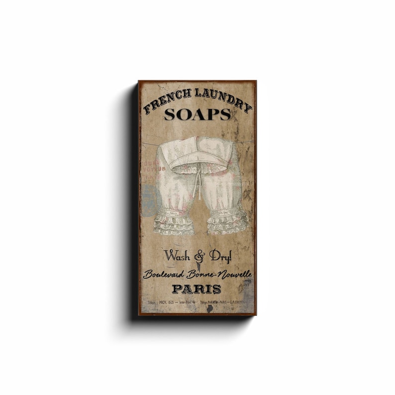 French Laundry Soap, Vintage Farmhouse Sign, French Country Decor, Vintage Inspired Art, Rustic Canvas Sign, Laundry Room Sign image 2