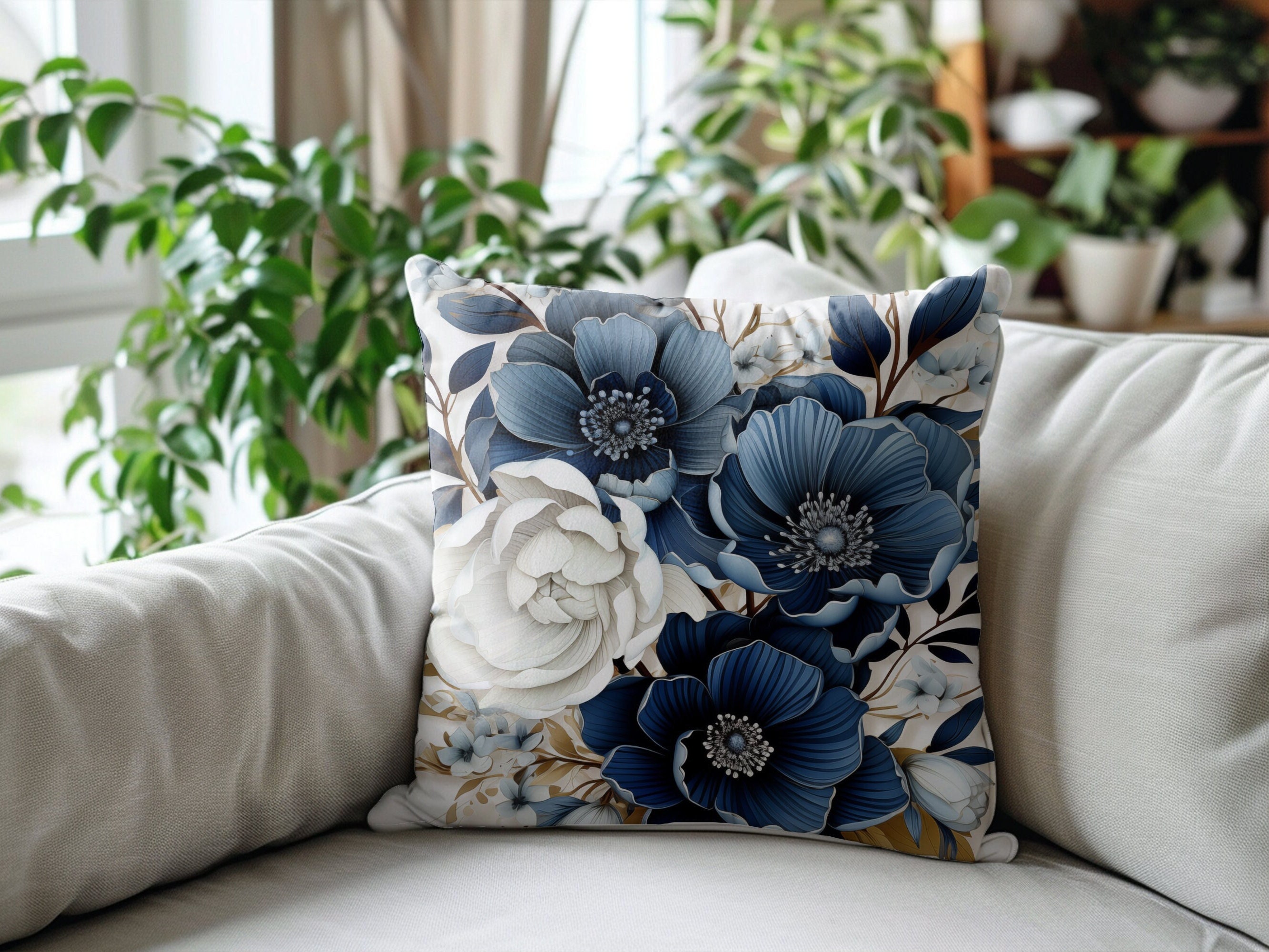 Navy Blue and White Florals Pillow Cover Grandmillenial Etsy UK
