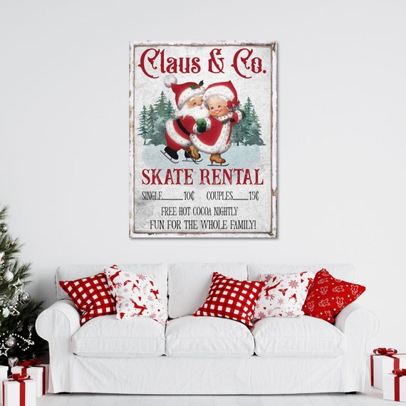 Cute Christmas Decor, Santa Claus & Co Skate Rental, Vintage Christmas,  Large Canvas Signs, Vintage Holiday Signs, Santa Claus Art, Skating 