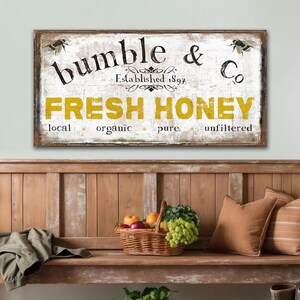 Placa de mel fresco da Bumble & Co, decoração moderna de casa de fazenda, arte de parede em tela grande, placa de antiguidades, decoração de primavera, placas antigas, decoração rústica