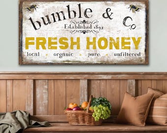 Bumble & Co Fresh Honey Sign, Modern Farmhouse Decor, Large Canvas Wall Art, Antiques Sign, Spring Decor, Old Time Signs, Rustic Decor