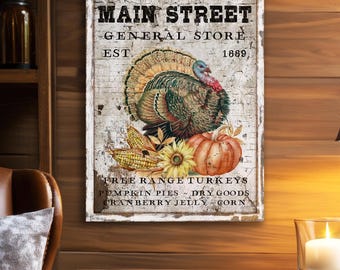 Thanksgiving Canvas Sign: Vintage Turkey, Pumpkins, and Corn