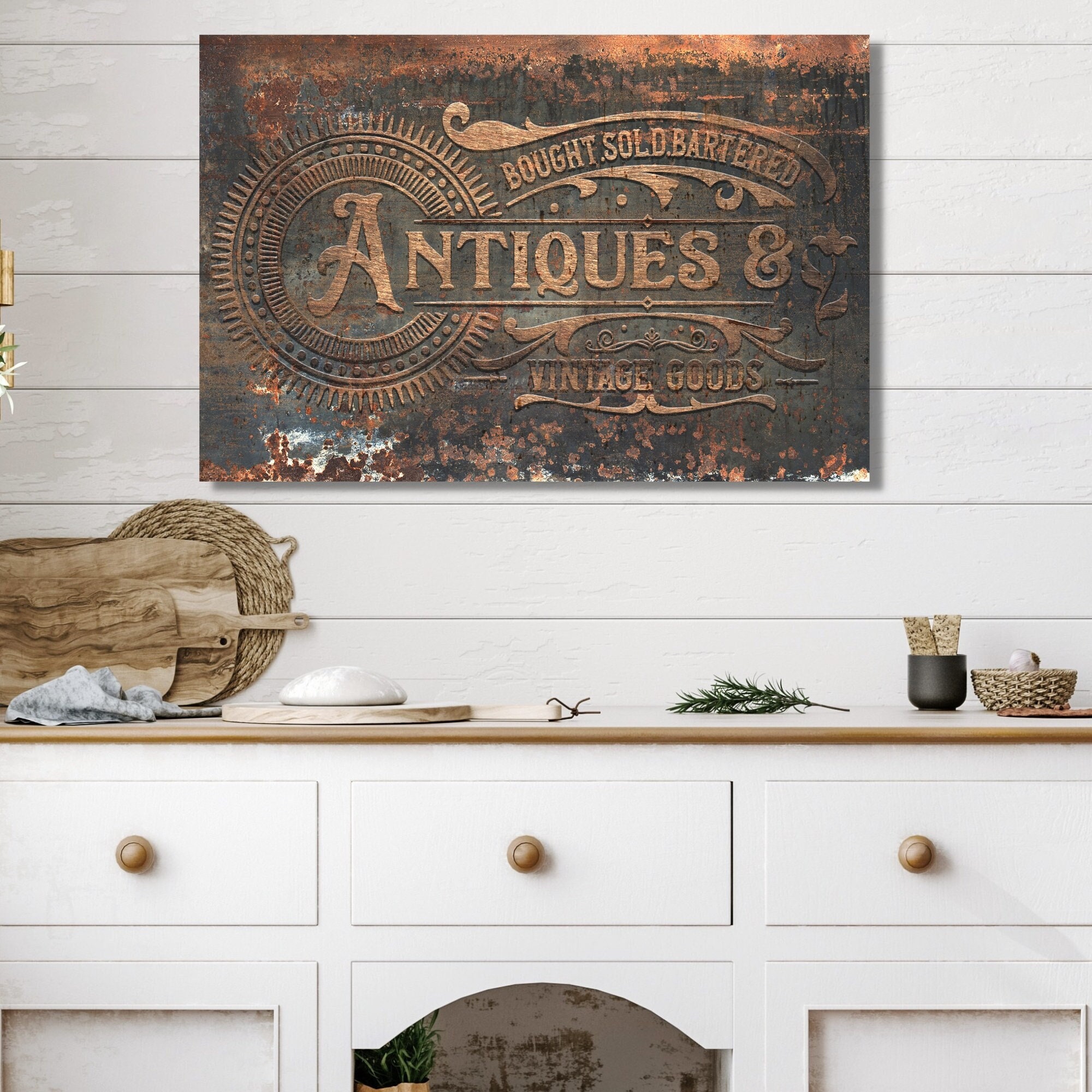 Faux Metal Antiques Sign: Rustic Vintage Canvas Wall Art - Etsy