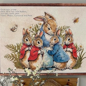 Arte clássica do Peter Rabbit, Flopsy, Mopsy, Cottontail e Peter, tela grande para parede, decoração de quarto infantil, decoração literária de primavera. imagem 6
