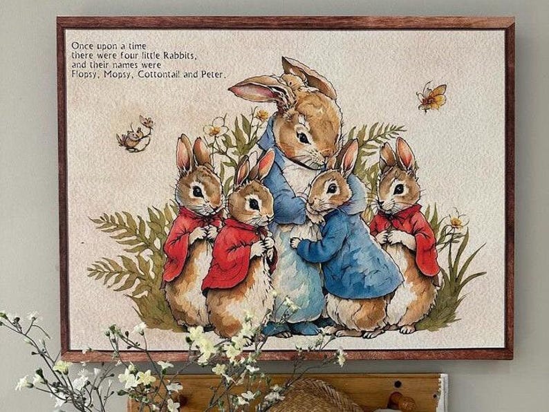 Arte clássica do Peter Rabbit, Flopsy, Mopsy, Cottontail e Peter, tela grande para parede, decoração de quarto infantil, decoração literária de primavera. imagem 6
