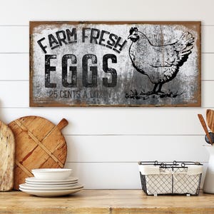 Placa de lona com ovos frescos da fazenda, casa de fazenda moderna, placa de lona grande, decoração de cozinha, placas vintage, presente de fazendeiro, decoração de frango, placa com ovos frescos da fazenda