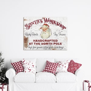 Santa&#39;s Workshop Sign, Holiday Decor, Christmas Signs, Holiday Decor Vintage Santa, Santa Sign, Antique Sign, Canvas Signs, Santa Decor