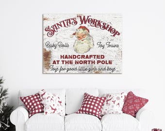 Vintage Santa&#39;s Workshop Canvas Sign: Rustic Holiday Decor