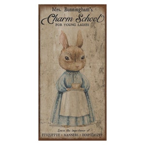 Vintage Charm School Sign, Vintage Farmhouse Sign, Vintage Rabbit Decor, Vintage Inspired Art, Rustic Canvas Sign, Rabbit Wall Art image 7