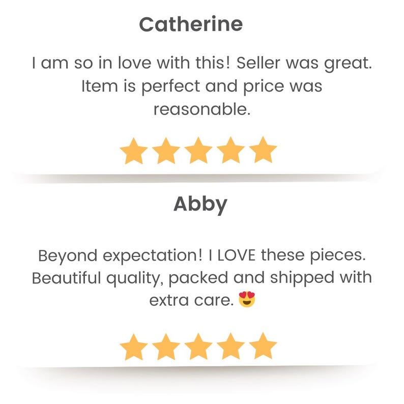 May include: Two customer reviews with five-star ratings. The first review says "I am so in love with this! Seller was great. Item is perfect and price was reasonable." The second review says "Beyond expectation! I LOVE these pieces. Beautiful quality, packed and shipped with extra care."