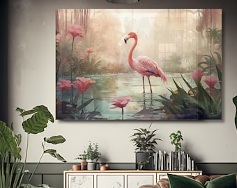 Flamingo Leinwand Kunstdruck, Tropische Landschaften, Flamingo Geschenke, große Leinwand Wandkunst, Flamingo Wandkunst, Tropisches Dekor