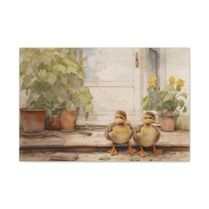Duck Print, Spring Farmhouse Decor, Illustrated Cute Ducks, Spring Canvas Art, Vintage Duck Wall Art, Easter, Just Ducky, Cottage Decor 30″ x 20″ (Horizontal)