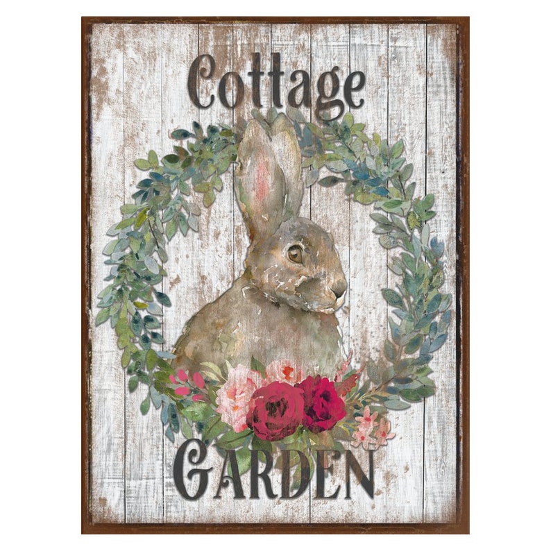 Cottage Garden, Spring Sign, Vintage Cottage Decor, Spring Wall Art, Vintage Signs, Rabbit Decor, Oversized Canvas Wall Art 36x48 inch