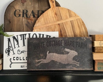 White Cottage Hare Farm, Vintage Farmhouse Sign, Vintage Easter Decor, Vintage Reproduction Art, Rustic Canvas Sign, Primitive Rabbit Decor