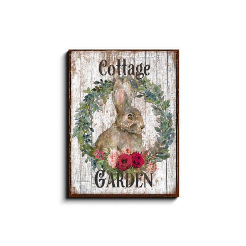 Cottage Garden, Spring Sign, Vintage Cottage Decor, Spring Wall Art, Vintage Signs, Rabbit Decor, Oversized Canvas Wall Art 30x40 inch