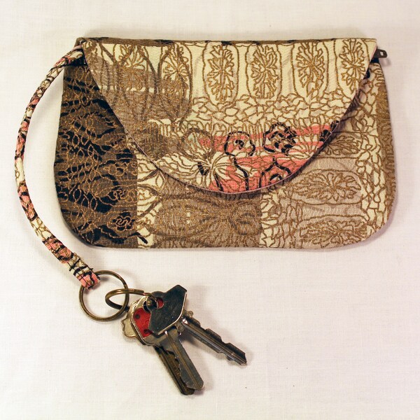 Zipper pocketbook in Upcycled pink and bronze ornate print Vintage Bark Cloth with key ring.