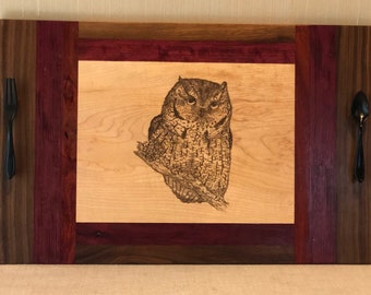Charcuterie board, screech owl, exotic wood, original art, laser etched, one-of-a-kind, unique statement for entertainment, distinctive gift