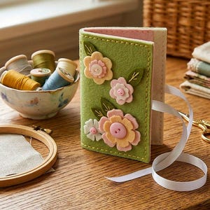 May include: A green felt sewing kit cover adorned with felt flowers and buttons. A white ribbon is attached to the cover. Spools of thread in various colors sit in a decorative bowl, with an embroidery hoop and scissors nearby.