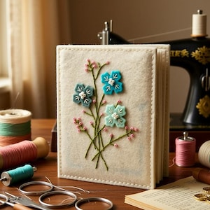 May include: A cream-colored felt journal with embroidered blue and teal flowers and pink accents. The journal is open, revealing the pages inside. Sewing supplies and a vintage sewing machine are in the background.