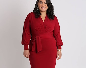 VALENTINA Plus Size Red Surplice Wrap Dress, Curvy Women's Knit Dress with Long Sleeves and Sash