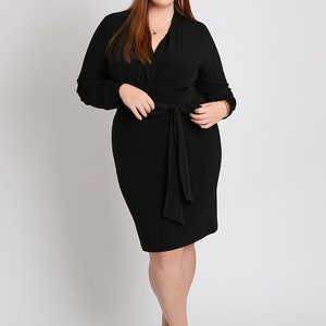 VALENTINA Plus Size Black Surplice Wrap Dress, Curvy Women's Knit Dress with Long Sleeves and Sash image 3