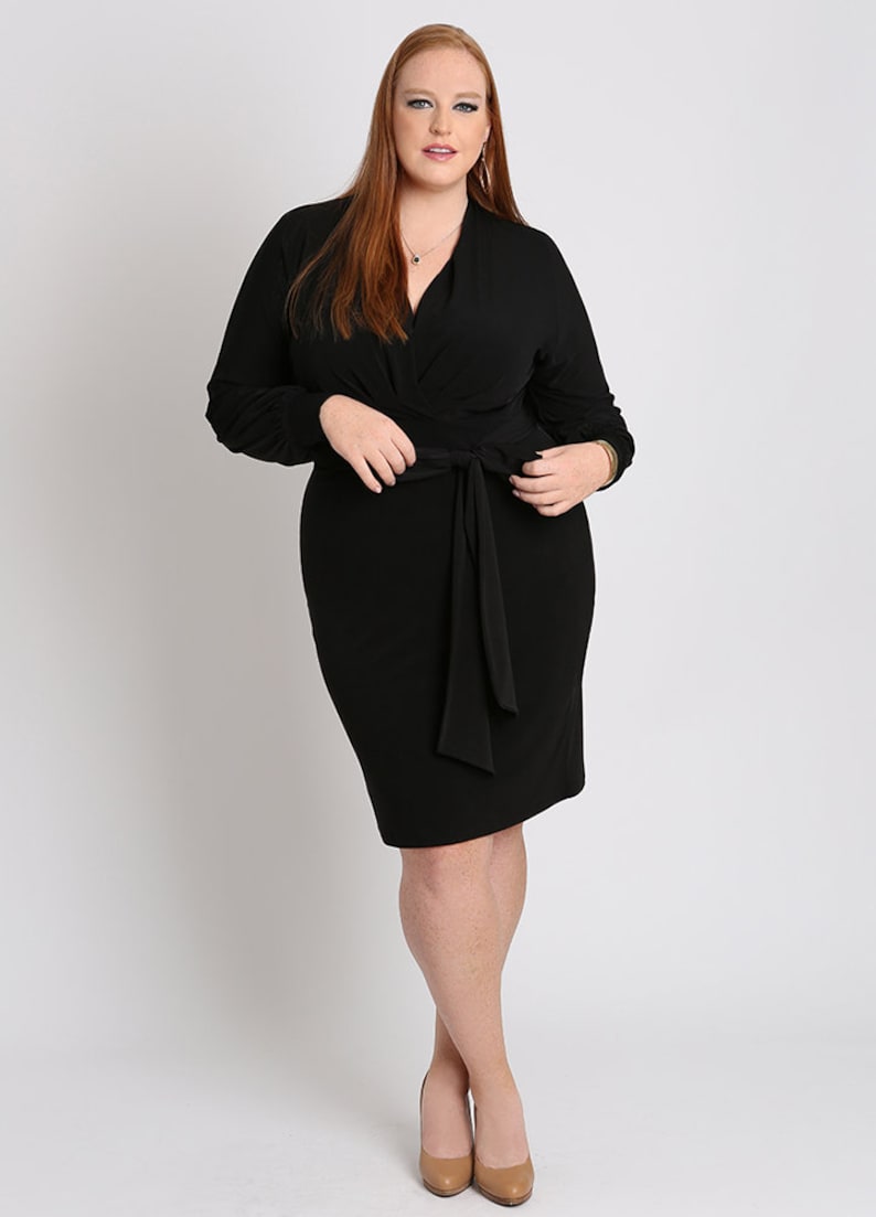 VALENTINA Plus Size Black Surplice Wrap Dress, Curvy Women's Knit Dress with Long Sleeves and Sash image 3