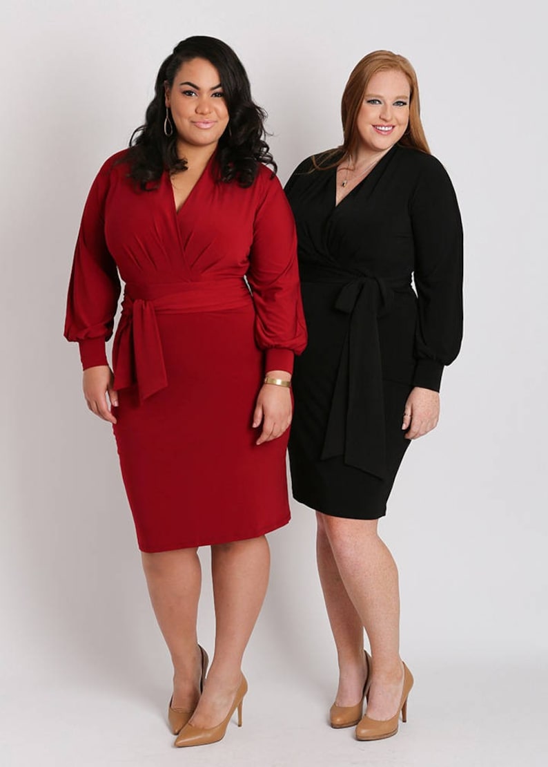 VALENTINA Plus Size Black Surplice Wrap Dress, Curvy Women's Knit Dress with Long Sleeves and Sash image 6