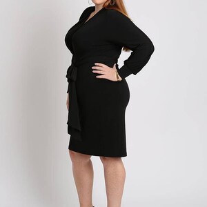 VALENTINA Plus Size Black Surplice Wrap Dress, Curvy Women's Knit Dress with Long Sleeves and Sash image 4