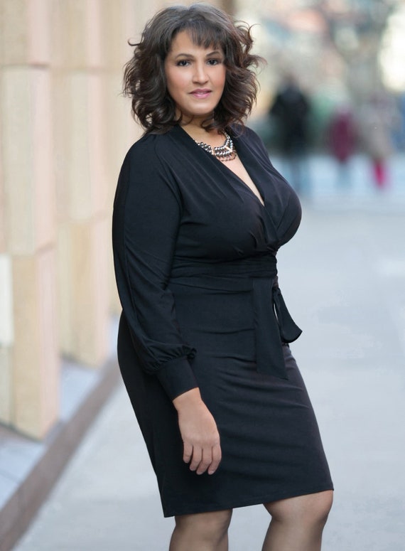 VALENTINA Plus Size Black Surplice Wrap Dress Curvy Women s Knit Dress With Long Sleeves and Sash Etsy