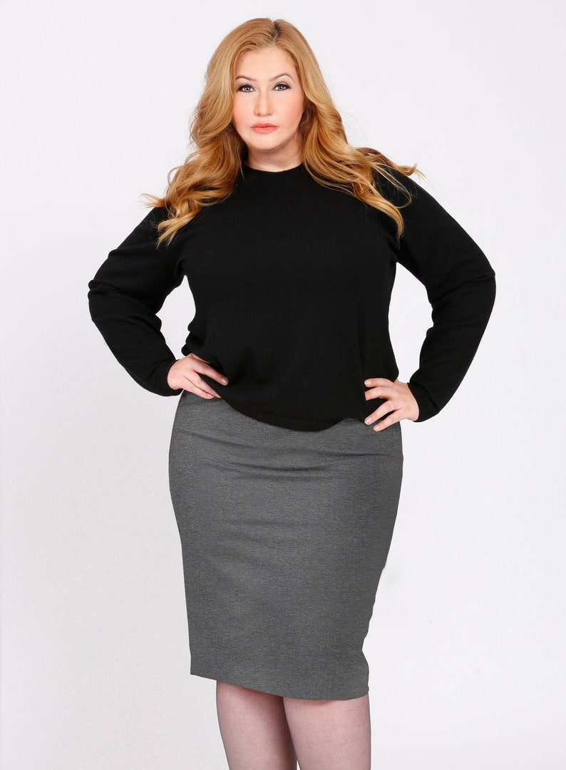 OLIVIA Plus Size Pencil Skirt, SZ 0X 1X 2X 3X, Ponte Stretch Knit, Charcoal Grey Slimming Straight Skirt image 1