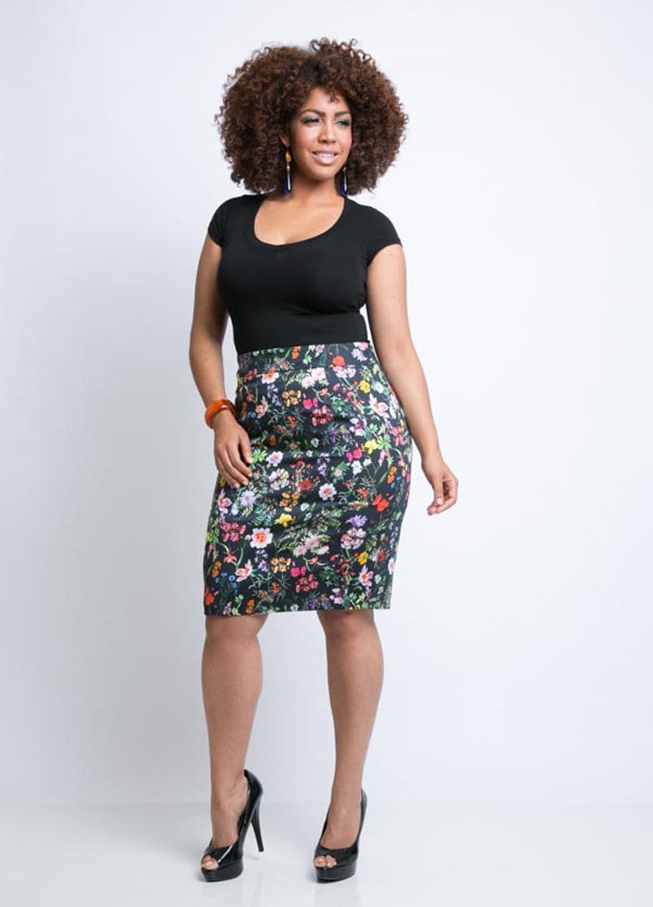 Chrissa Black Plus Size Pencil Skirt, Curvy Cotton Summer Skirt in
