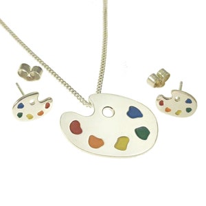 Paint palette jewellery set - pendant and stud earrings, handmade from sterling silver