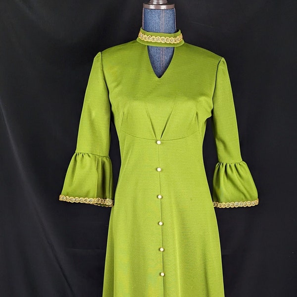 Vintage 1970s Maxi Long Dress Chartreuse Green