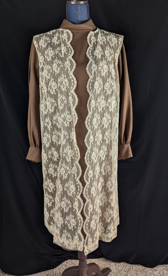 Vintage 1960s Brown Long Sleeve Dress Lace Vest