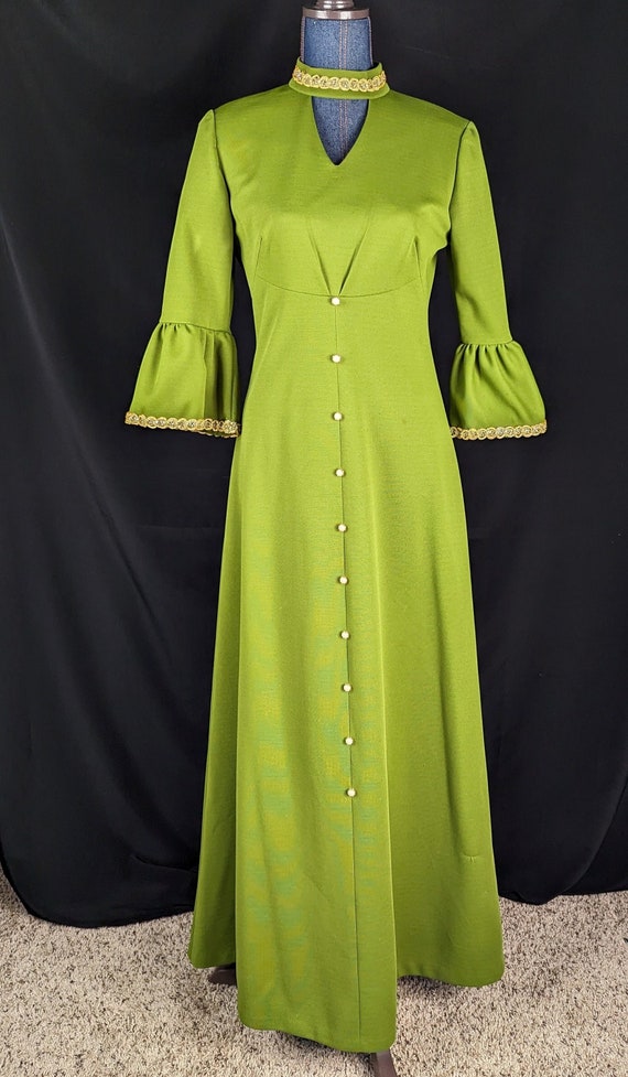 Vintage 1970s Maxi Long Dress Chartreuse Green