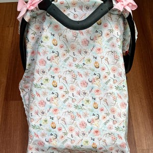 Boho Baby Car Seat Cover Newborn Infant Seat Soft Canopy Country Wild Flowers and Feather Nursery Accessory Baby Shower Girl Gift Idea