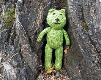 Pea Green Bear - a cute hand knitted small teddy made of pure British wool