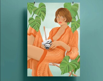 Domingo, fine art print, woman portrait, apricot color, wall hanging, decor home, wall art, woman print, tropical plants, summer, sensual