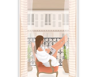 Morning on the balconie Fine Art Print Poster Wall Art Digital Illustration woman Decor Home  earth colors Me time urban illustration