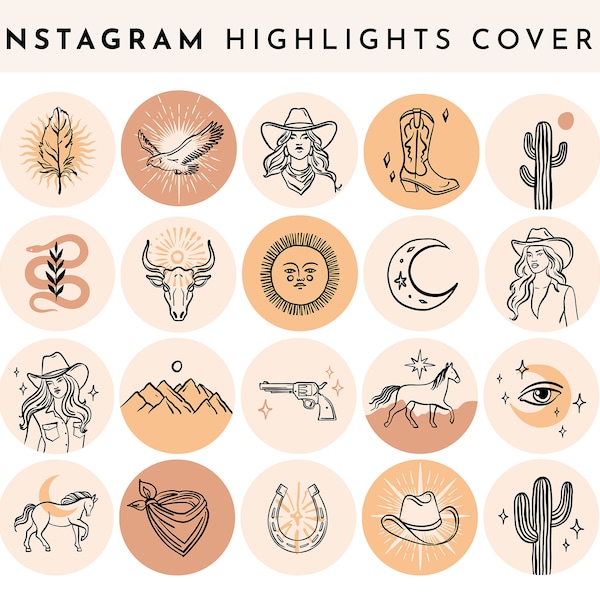 Gold Boho Cowgirl Instagram Highlight Icons. Line Art Instagram Story Highlight Covers Western Bohemian Rustic Instagram Stories Covers.