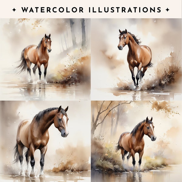 Watercolor Horse Illustrations. Realistic Horse Watercolor Digital Print Clipart. Scrap book print. Domestic Animals Illustration Clipart.