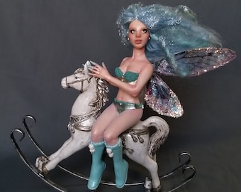 OOAK artdoll Fairy Frosty Blue on Rocking Horse