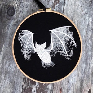 Bat gothic lace embroidery hoop art gift Wednesday Addams white black ghost home decor curiosity true crime halloween horror movie haunted