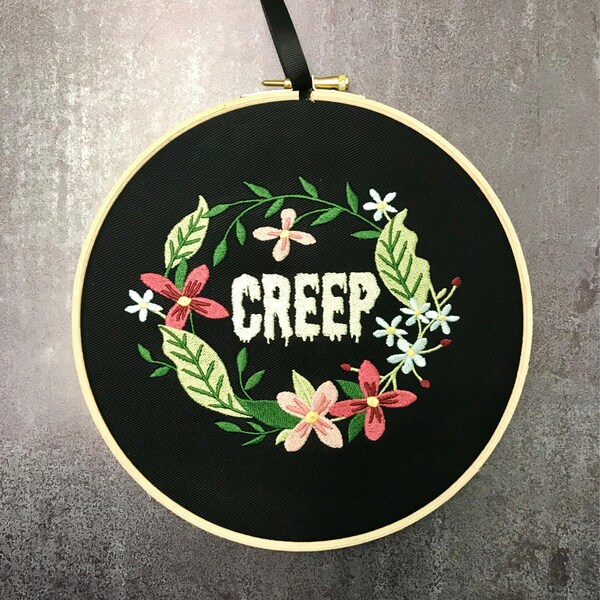 Creep embroidery hoop art gothic home decor gift Radiohead crybaby weirdo freak true crime fan SSDGM creepy horror movie halloween framed