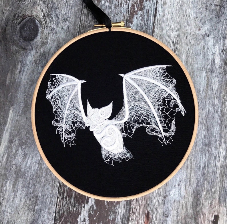 Bat gothic lace embroidery hoop art gift white black home decor curiosity true crime SSDGM ghost halloween horror movie murderino haunted 