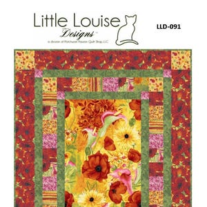 May include: Quilt pattern design featuring a floral print with red poppies, yellow sunflowers, and green leaves. The pattern is called "Picture This" and is from the "Pandora" collection by Timeless Treasures.