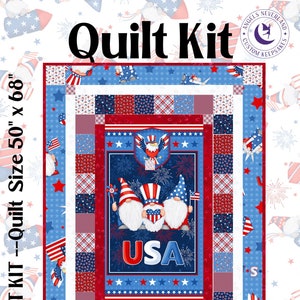 Gnome of the Brave Easy Beginner QUILT KIT w/ Picture This Pattern by Jude Spero, Henry Glass Cotton Gnome Fabric, Patriotic Quilt Kit
