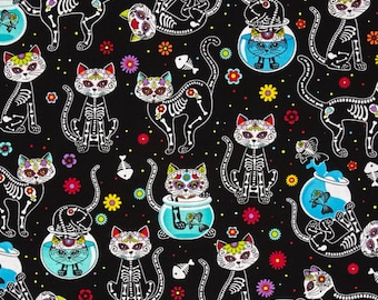 Day of the Dead Cats by Timeless Treasures – Sugar Skull Cat Print Cotton Woven Fabric, Halloween & Fiesta Sewing Material